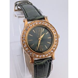 QBOS Limited Edition Watch Gold Case Olive Green Leather Band- New‎ Battery